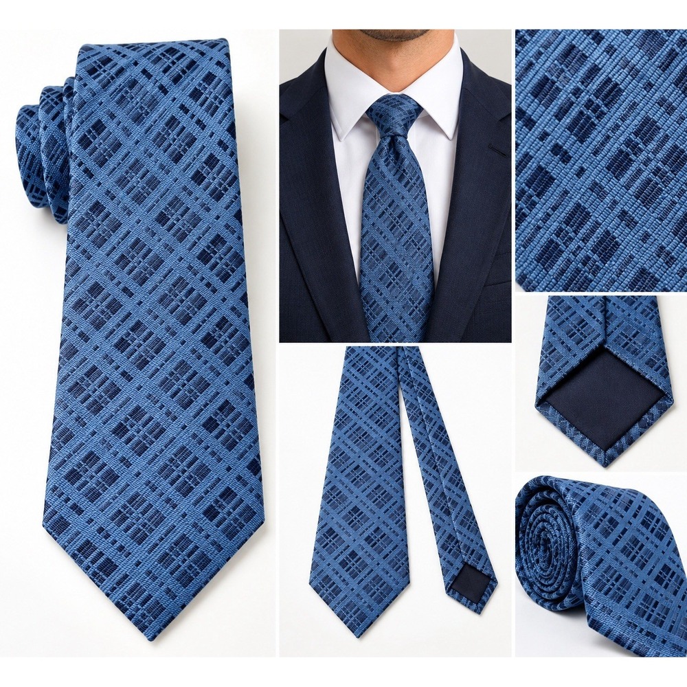 Unbranded Blue Navy Geometric Plaid Woven Necktie 54 x 3.5 Classic Width